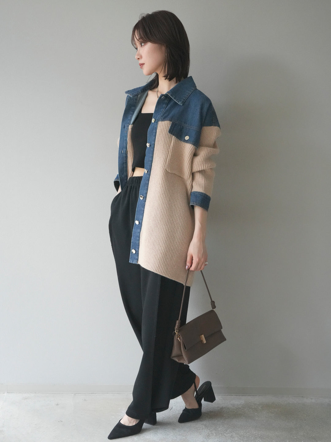 [SET]デニム襟付きニットジャケット+2WAYデザインスウェットパンツ(2set)