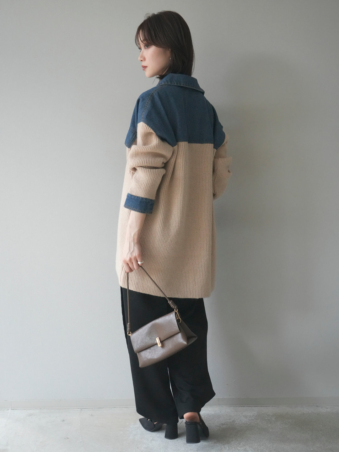 [SET]デニム襟付きニットジャケット+2WAYデザインスウェットパンツ(2set)