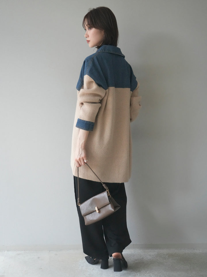 [SET]デニム襟付きニットジャケット+2WAYデザインスウェットパンツ(2set)