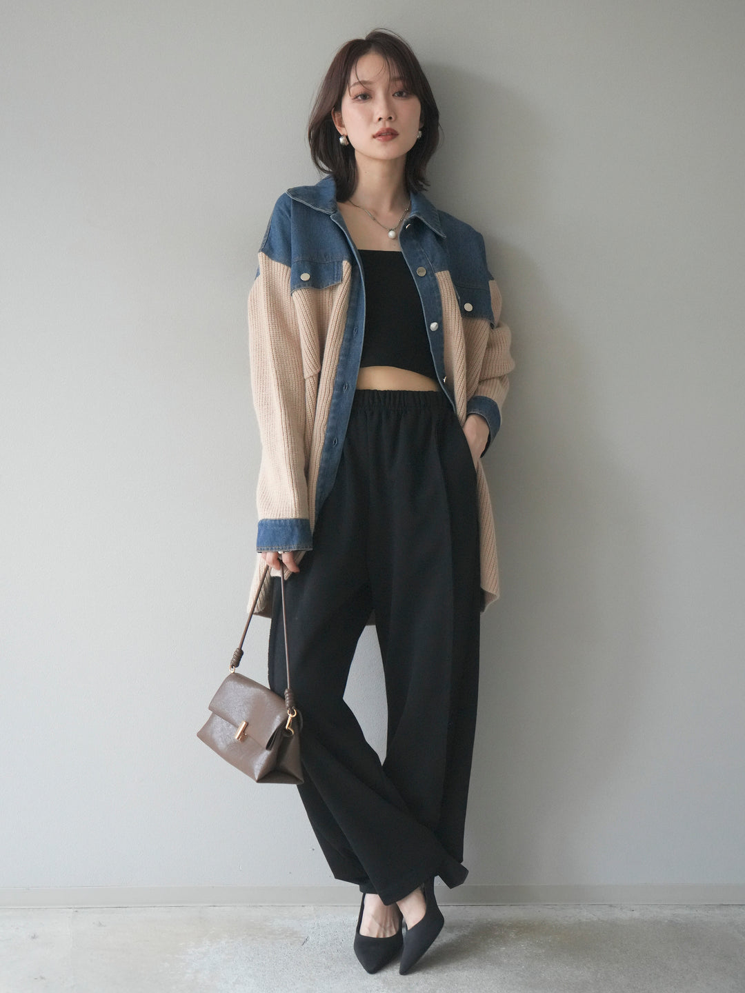 [SET]デニム襟付きニットジャケット+2WAYデザインスウェットパンツ(2set)