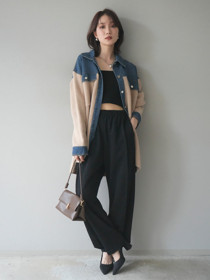 [SET]デニム襟付きニットジャケット+2WAYデザインスウェットパンツ(2set)