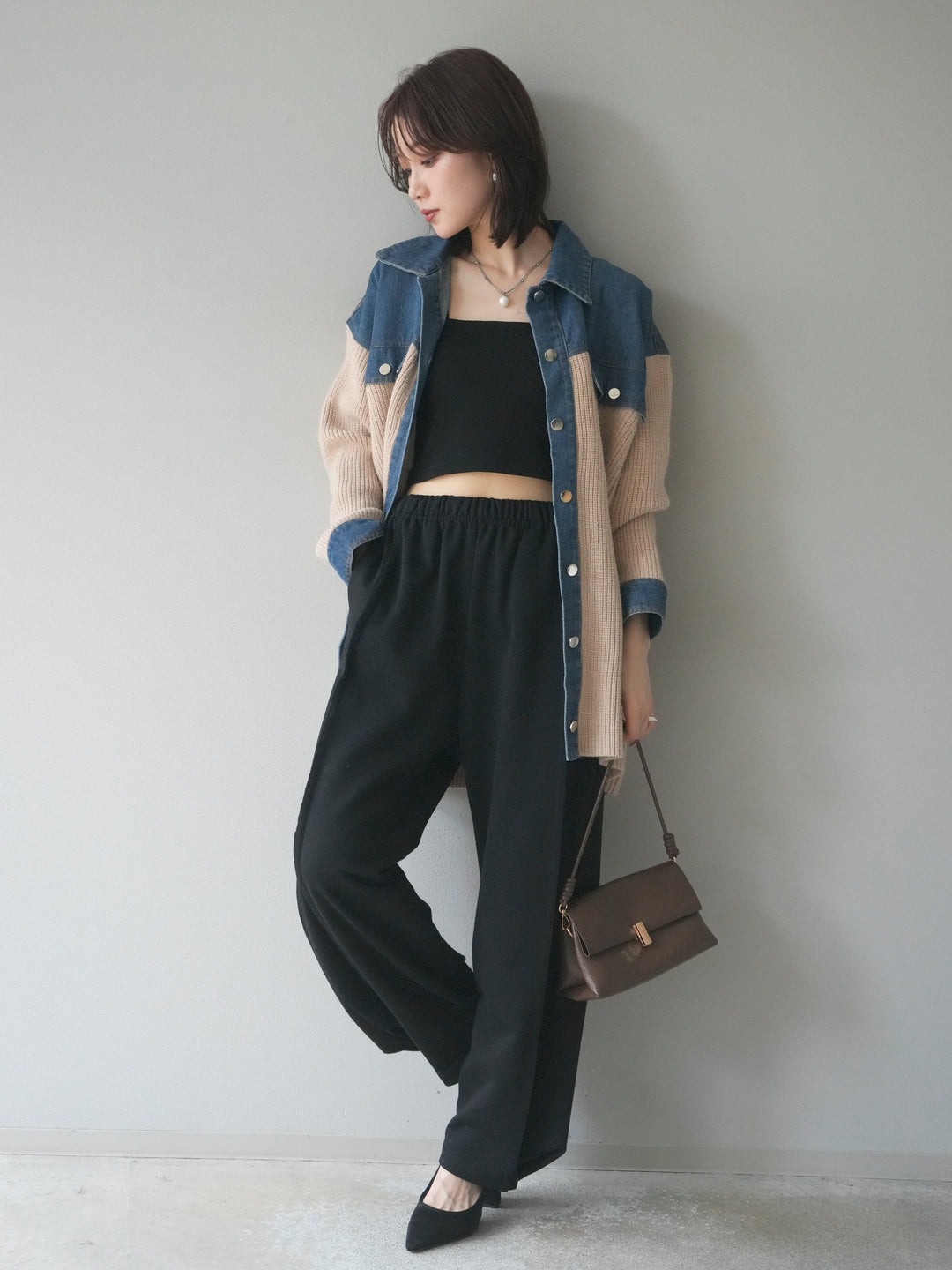 [SET]デニム襟付きニットジャケット+2WAYデザインスウェットパンツ(2set)