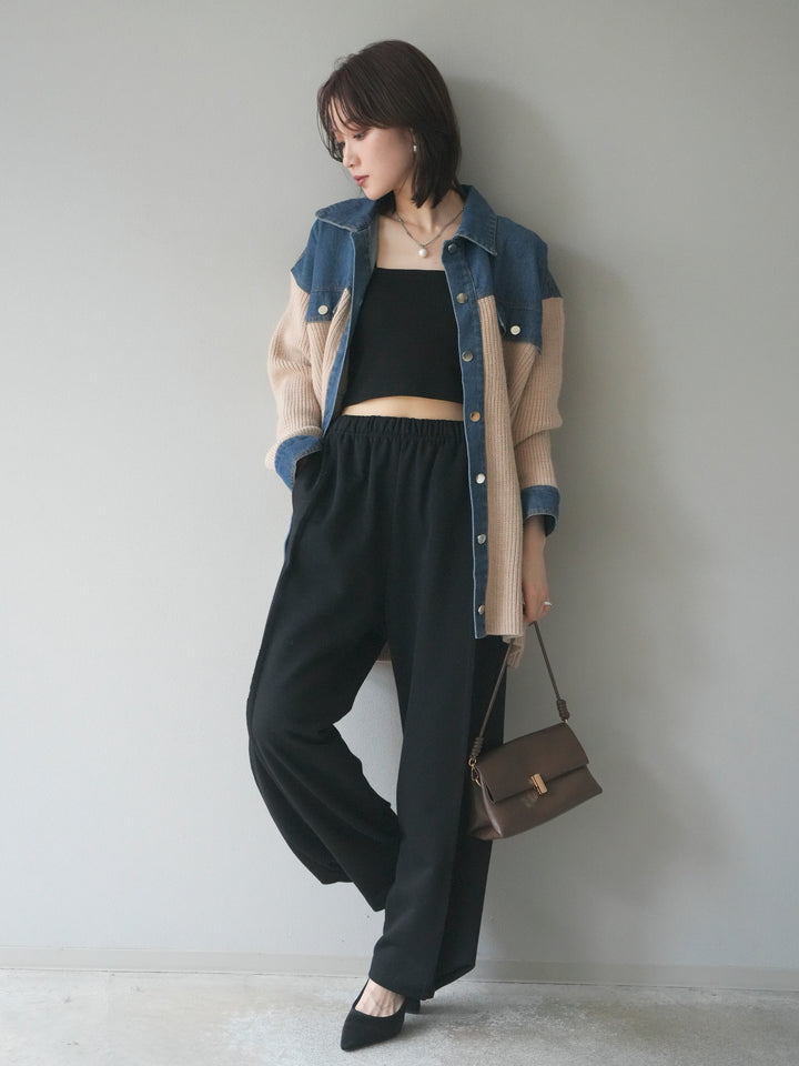 [SET]デニム襟付きニットジャケット+2WAYデザインスウェットパンツ(2set)
