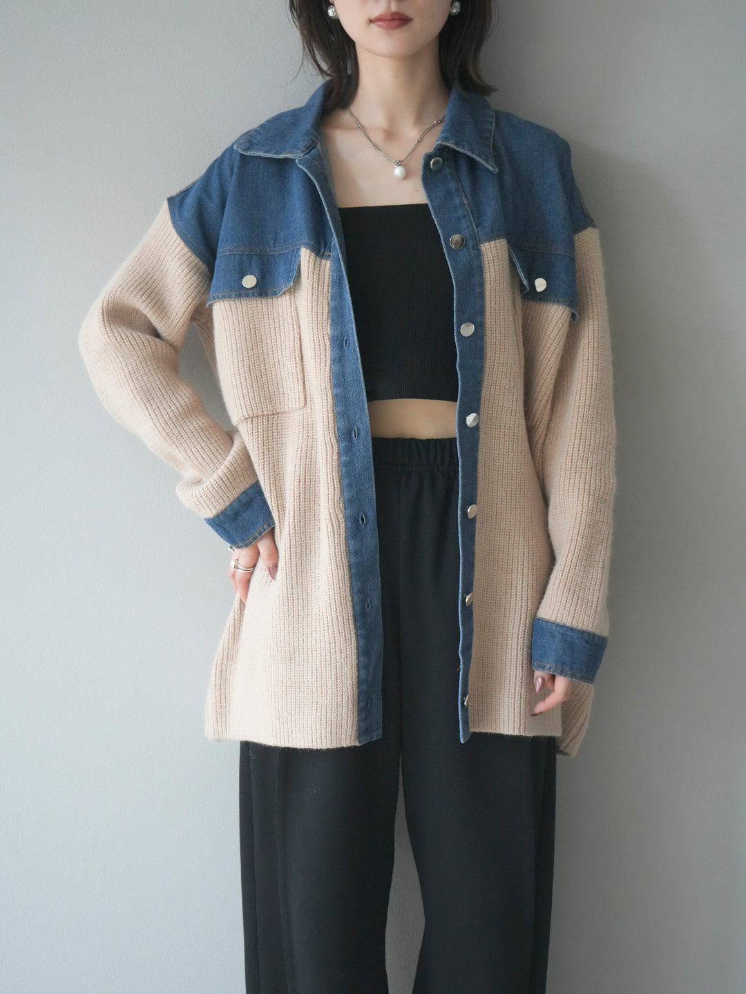 [SET]デニム襟付きニットジャケット+2WAYデザインスウェットパンツ(2set)