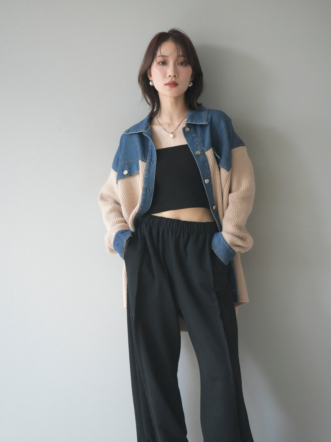 [予約]デニム襟付きニットジャケット/beige