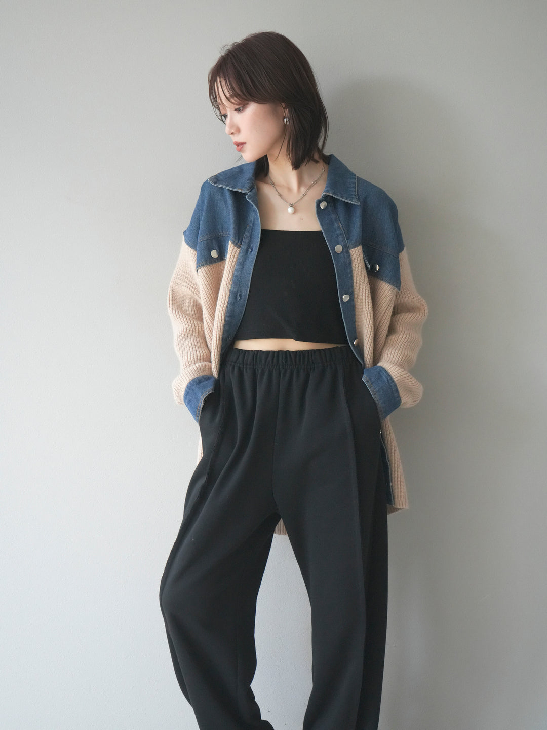 [SET]デニム襟付きニットジャケット+2WAYデザインスウェットパンツ(2set)