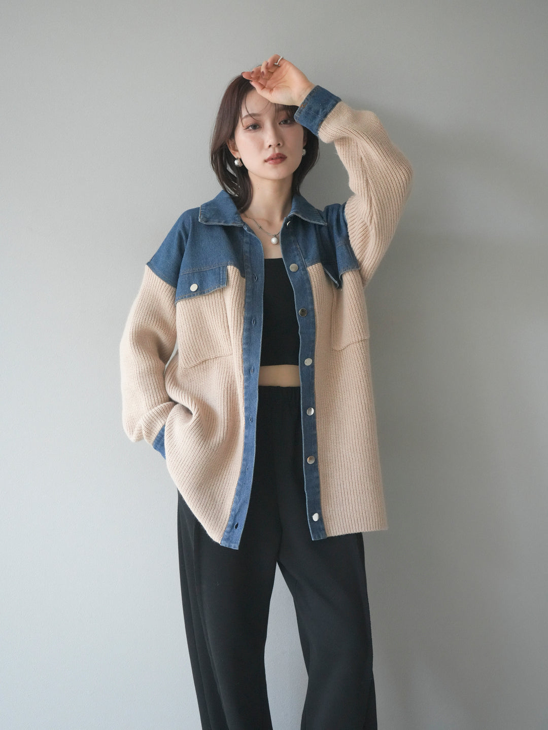 [予約]デニム襟付きニットジャケット/beige