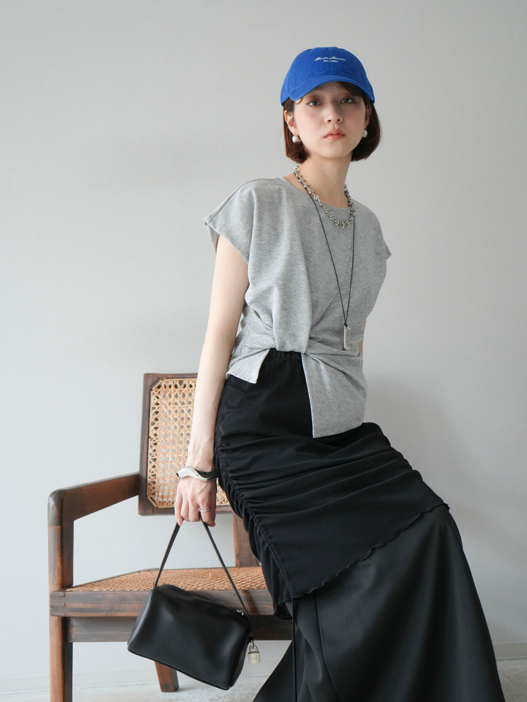 [予約]カシュクールTシャツ＆コームネックレスSET /グレー