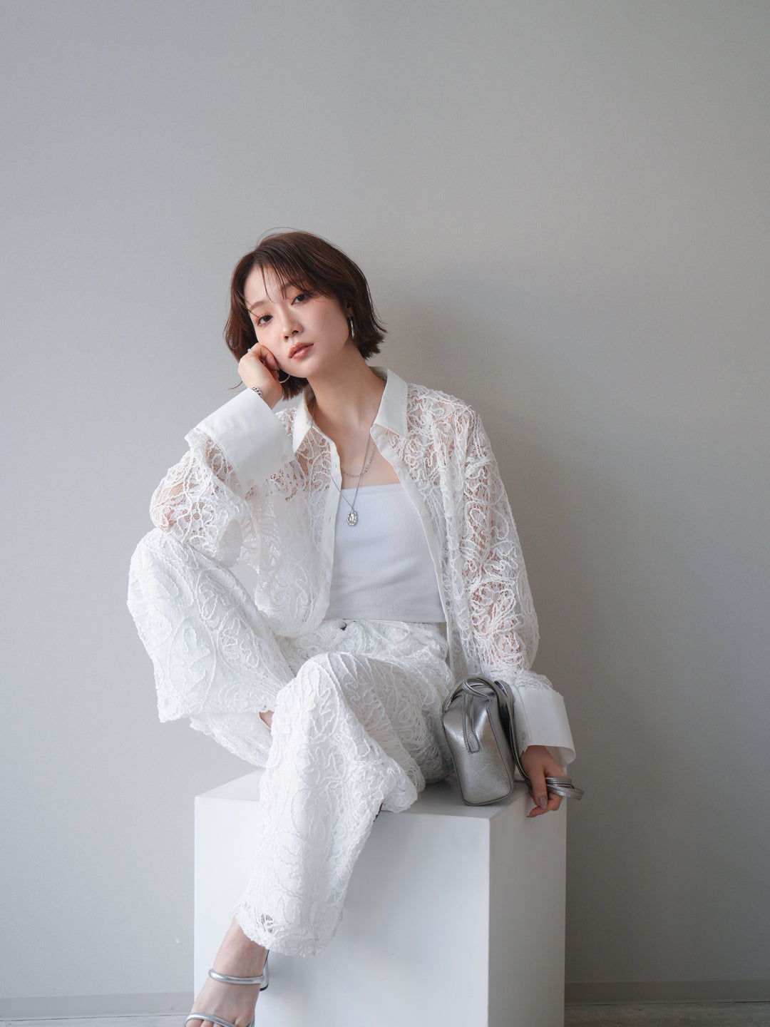 [SET]シアーコードレースオーバーシャツ+シアーコードレースイージーパンツ(2set)