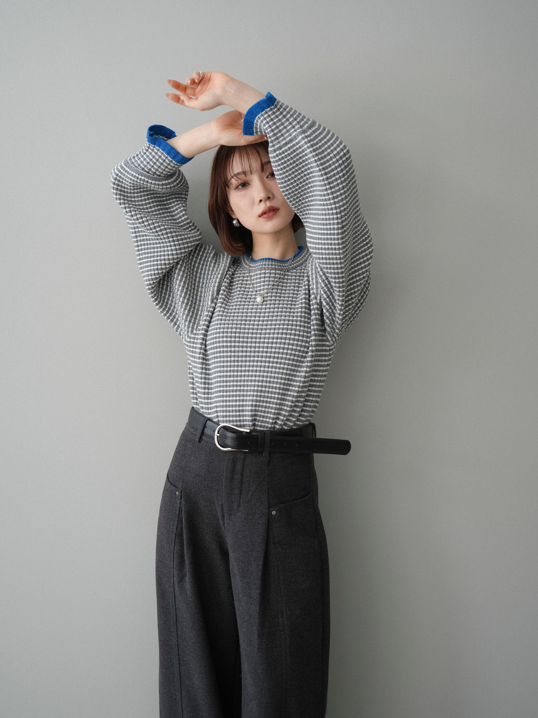 [SET]ラメ異素材ボーダーリブニットプルオーバー+ラメ異素材ボーダーリブニットプルオーバー(2set)