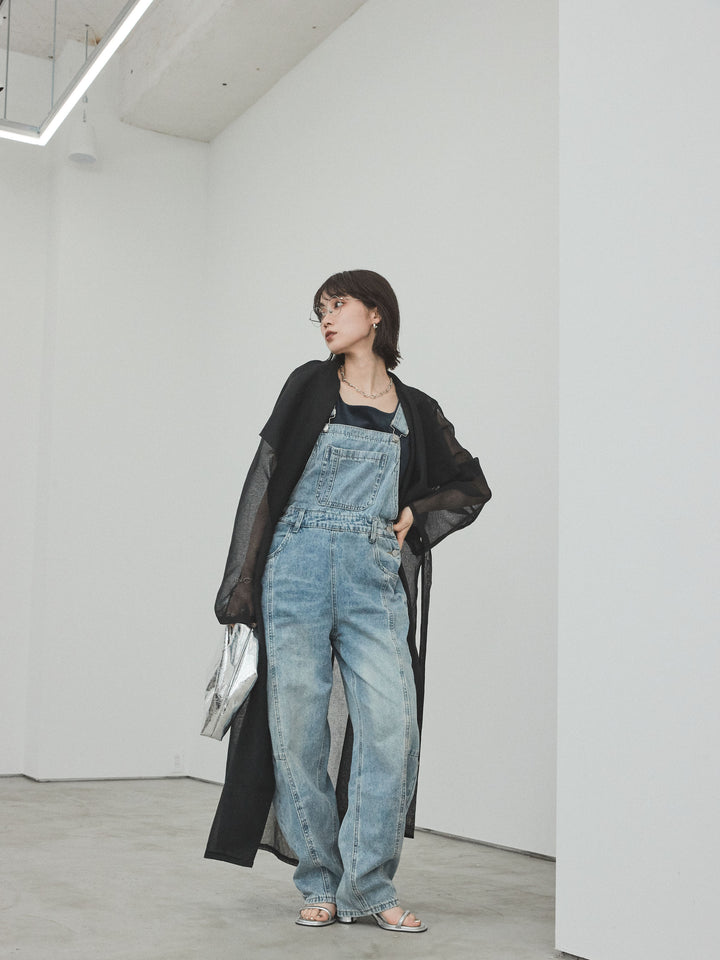 [SET] 中縫牛仔背帶褲 + 透視長版外套（2 件組）