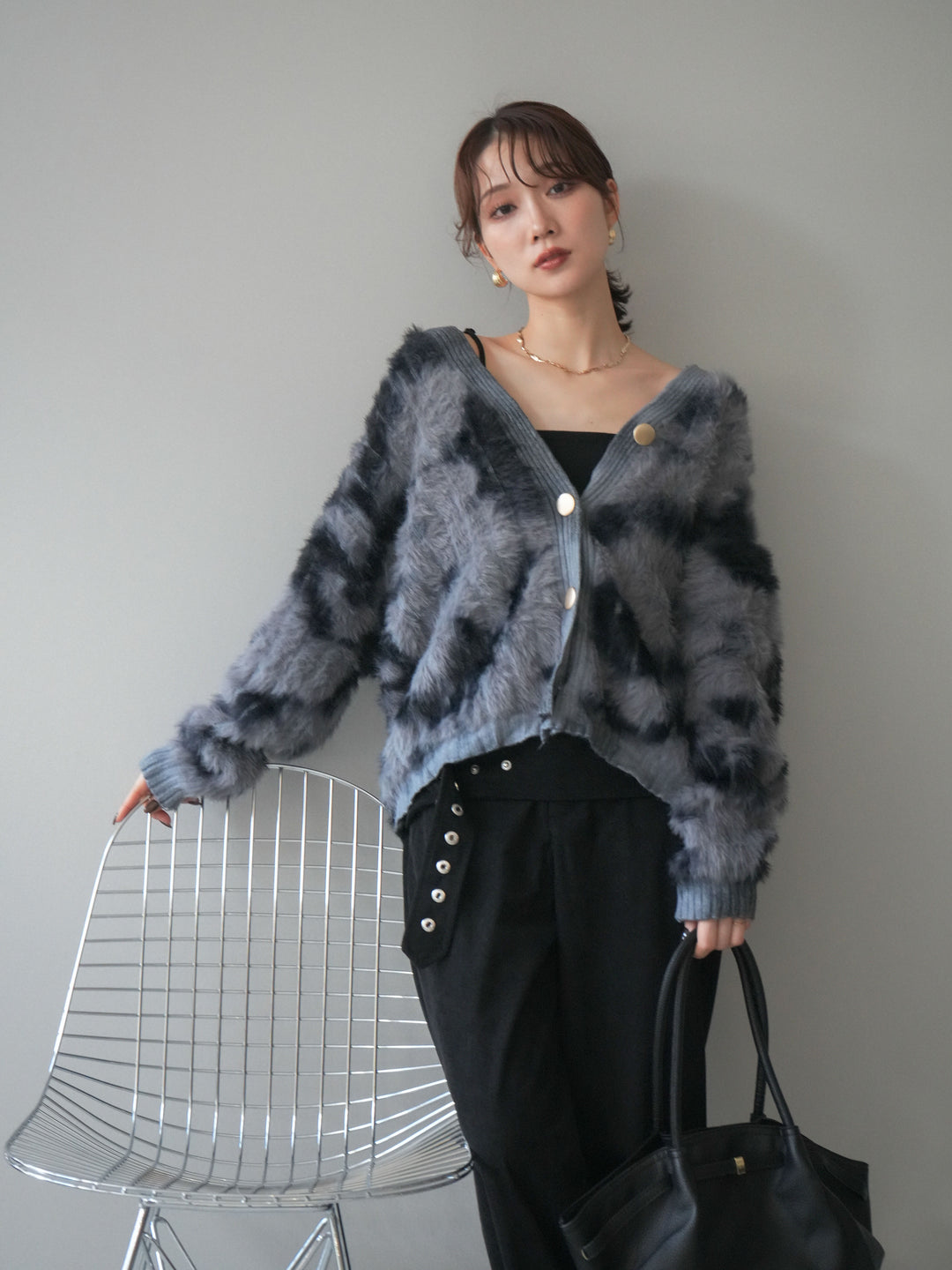 [予約]ニュアンス柄シャギーニットカーディガン/gray