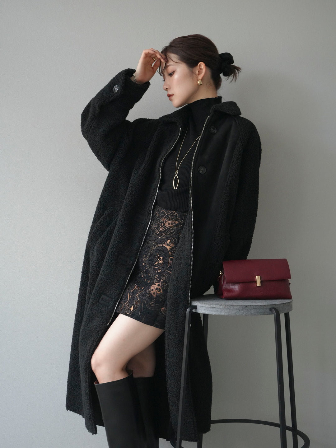 [予約]ボアxムートンロングコート/black