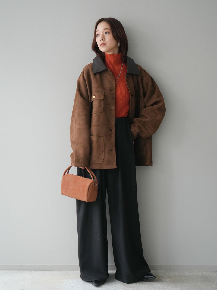 [SET]襟レザーステンカラースエードジャケット+袖ボタンボトルネックリブニットトップス+ベルトループデザインワイドパンツ(3set)