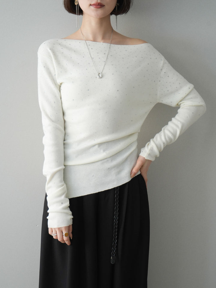 [予約]ラインストーンアシンメトリーニットトップス/ivory