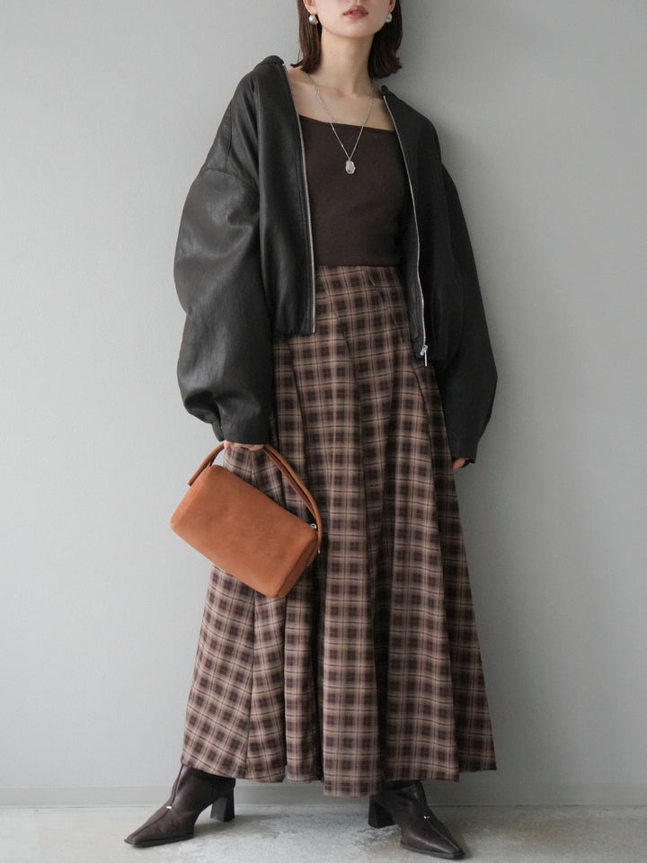 [予約]チェックタックフレアロングスカート/ ブラウン