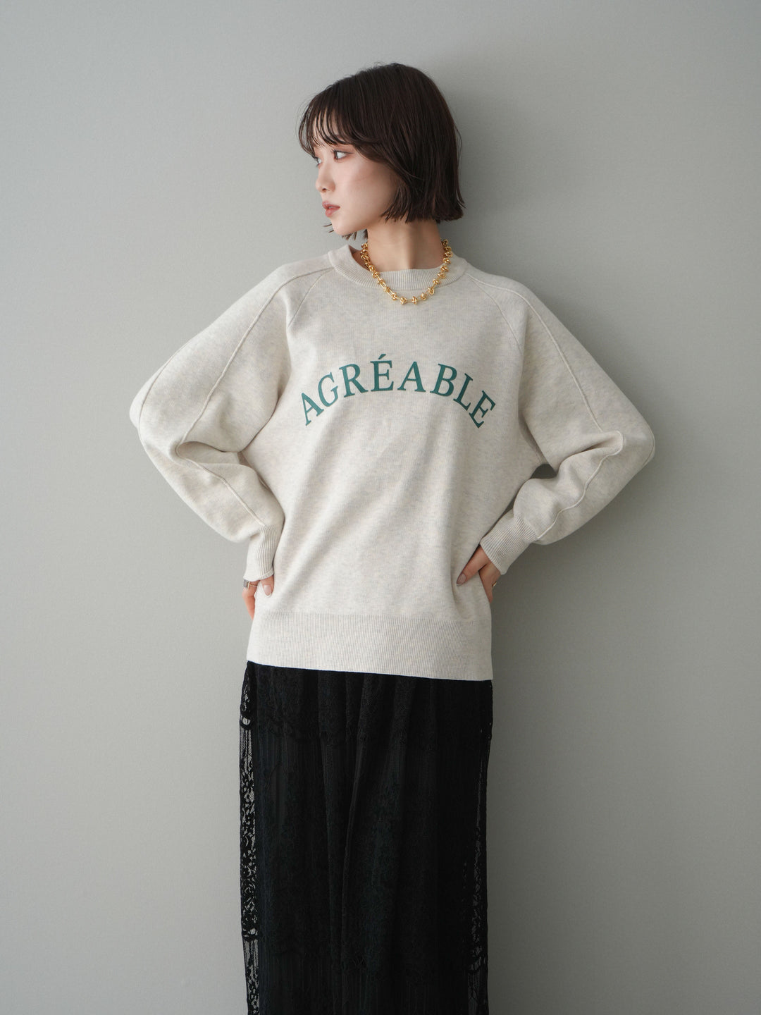 [予約]半ラバープリントロゴスウェットライクニットプルオーバー/oatmeal