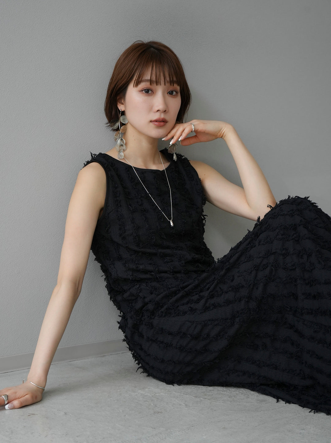 [Pre-order] Fringe Jacquard Stretch Sleeveless Dress/Black