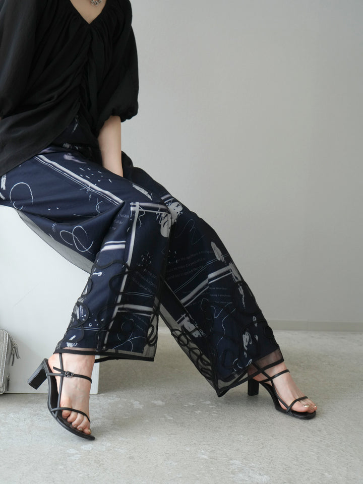 [SET]コード刺繍チュールレイヤードパンツ+ペイント柄タックパンツ(2set)