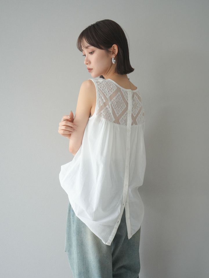 [予約]インド製コットンレース切替ノースリブラウス/オフ