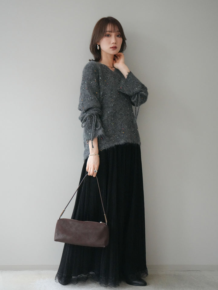 [SET]キャンディースリーブカラーネップスパンコールニットプルオーバー+裾レーススウェードプリーツマキシスカート(2set)