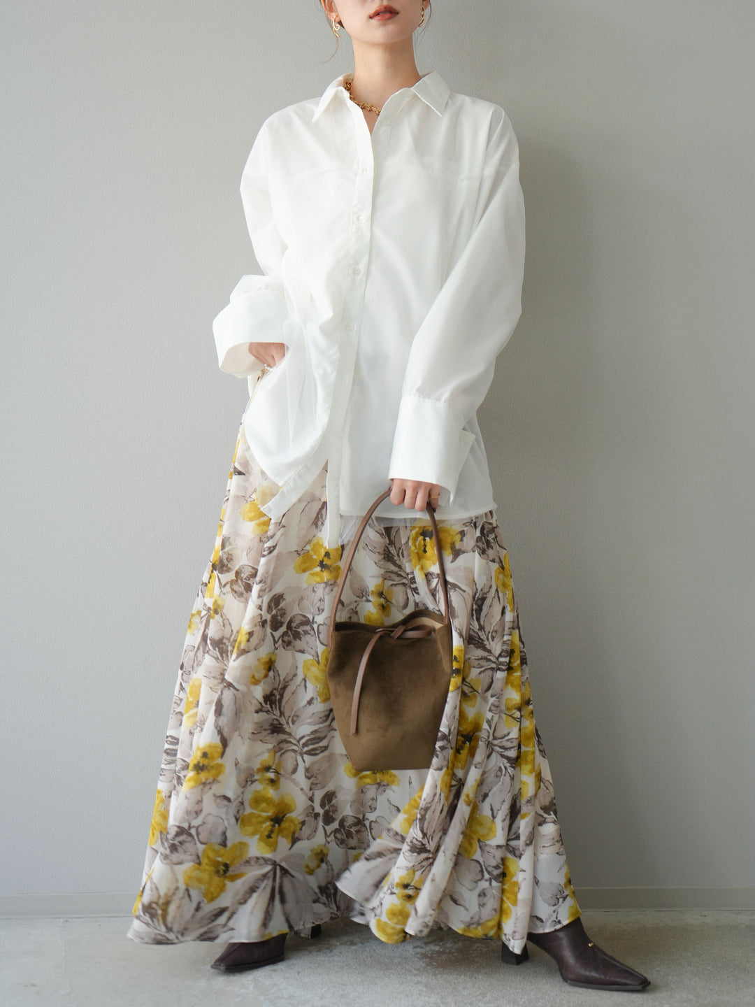 [予約]フラワープリントボリュームフレアスカート/イエロー