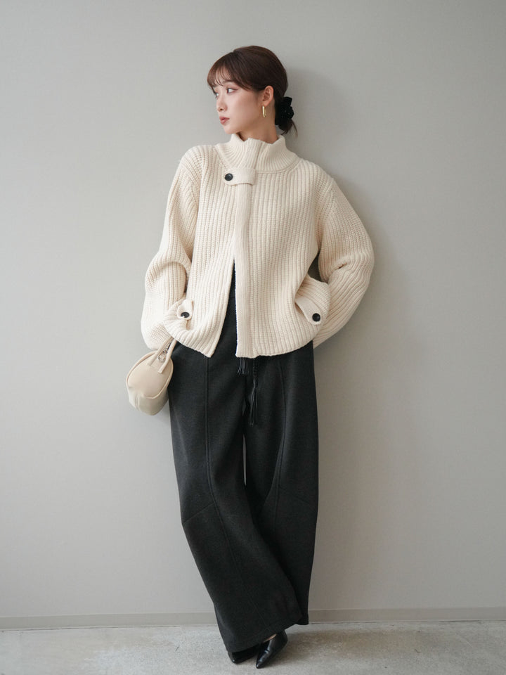 [SET]畦編みボトルネックZIPニットカーディガン+ベルト付裏起毛センターシームカーブパンツ(2set)