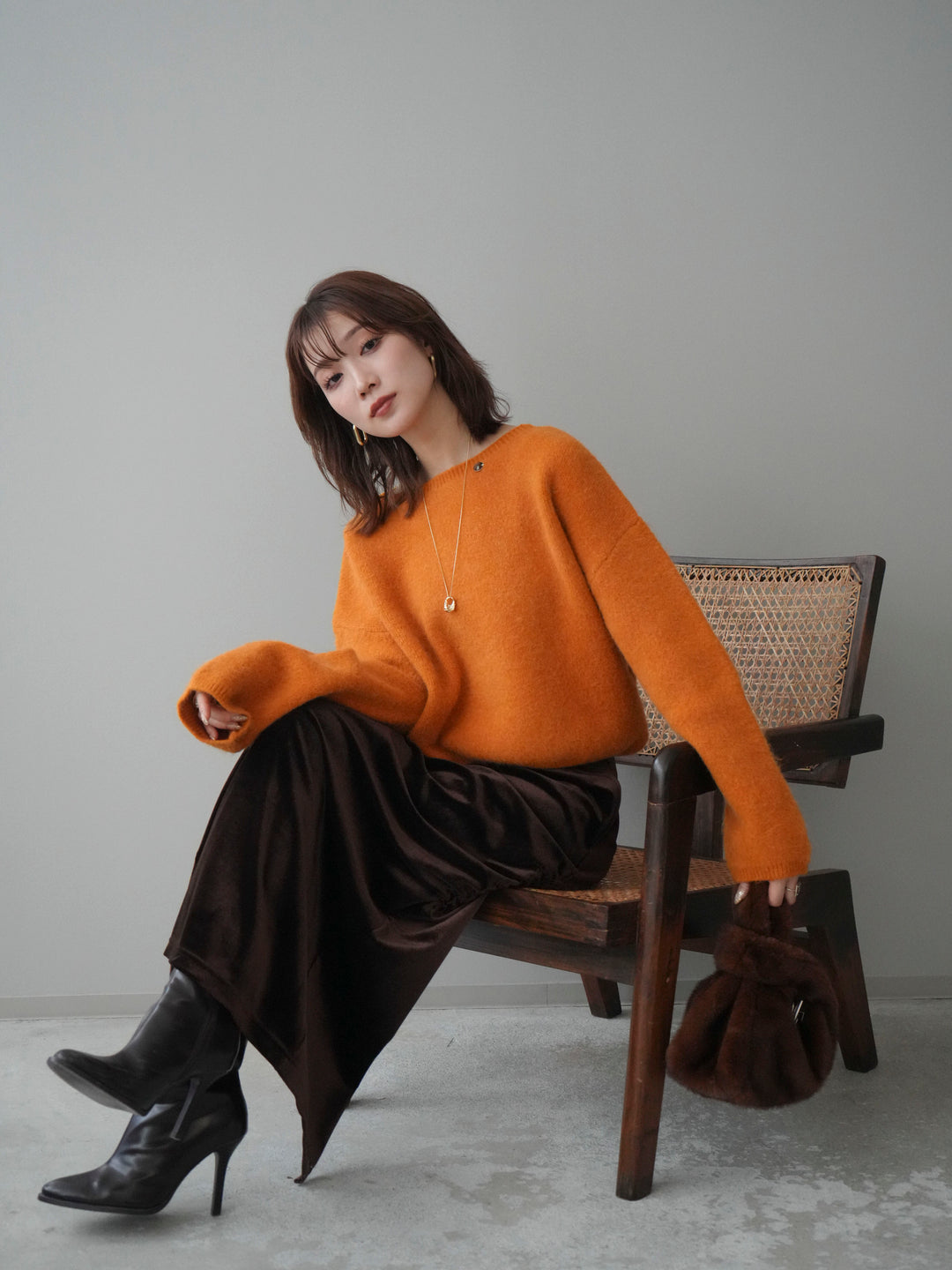 [予約]アンゴラタッチボートネッククロップドプルオーバー/orange