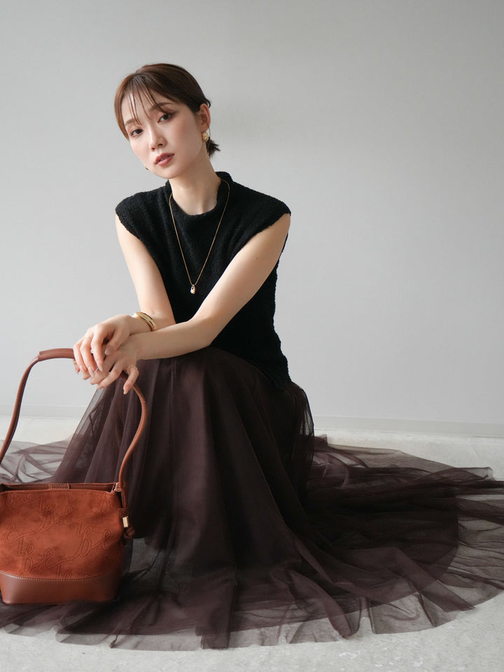 [SET]ブークレアシメニットノースリーブトップス+チュールボリュームスカート(2set)