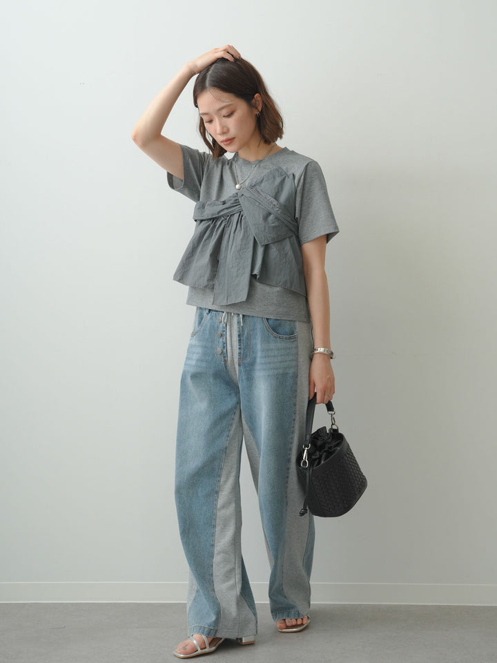 [SET]ナイロンドッキングツイストTEE +デニム切替スウェットパンツ(2set)
