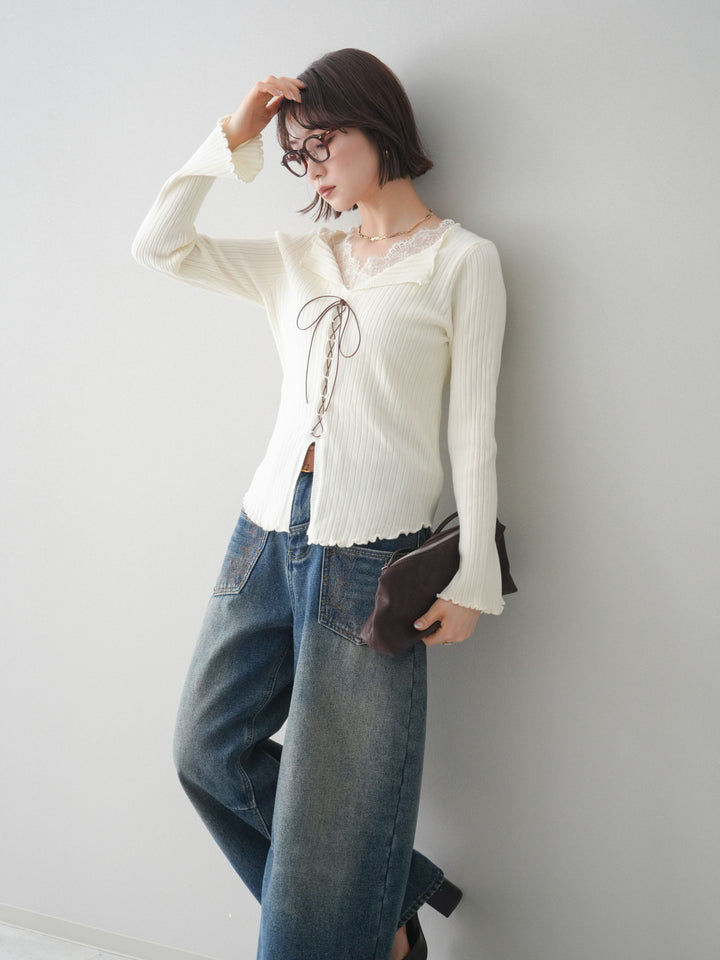 [予約]レースネックレースアップリブニットトップス/ivory