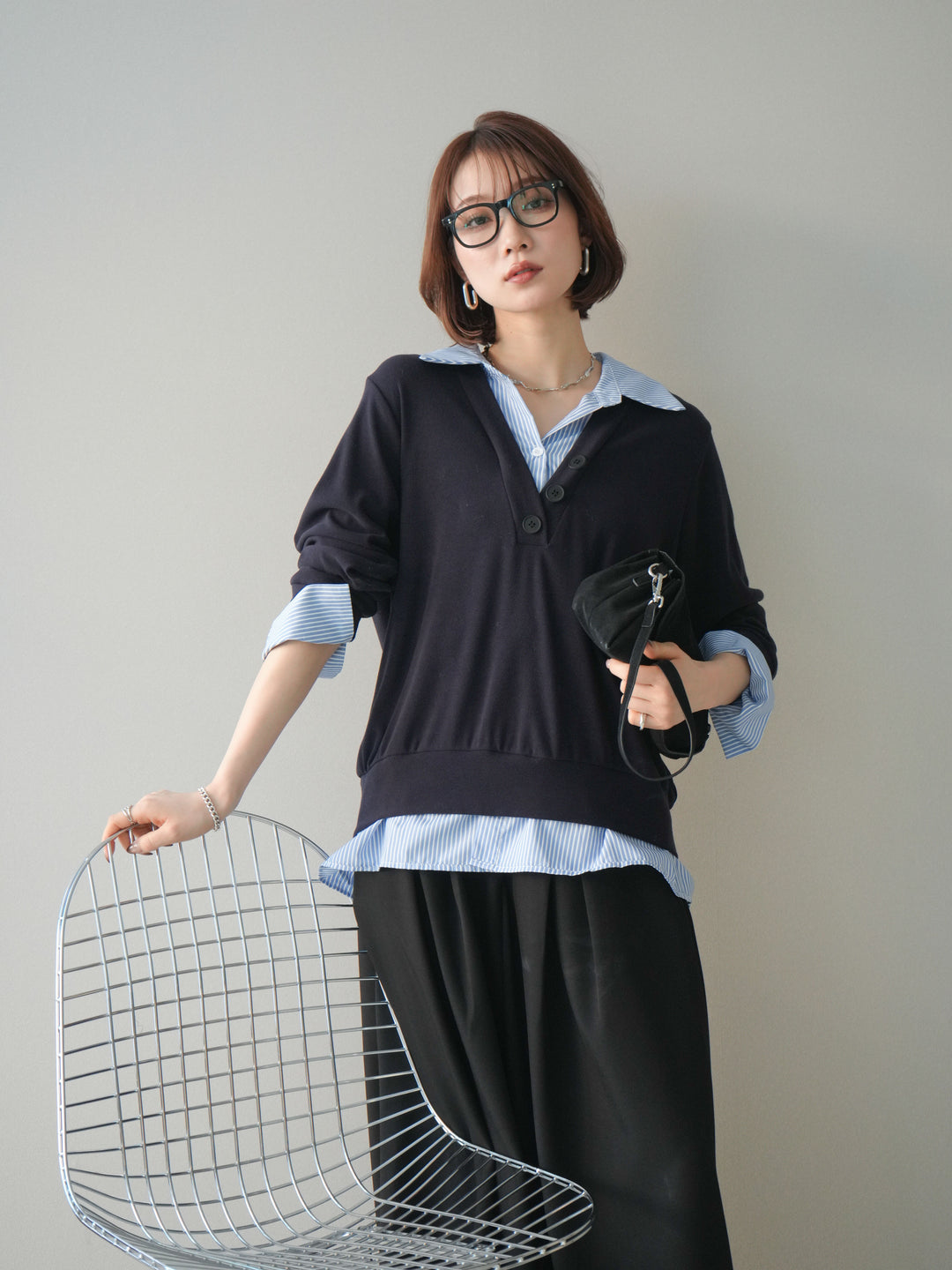 [予約]シャツレイヤードデザインカットプルオーバー/navy