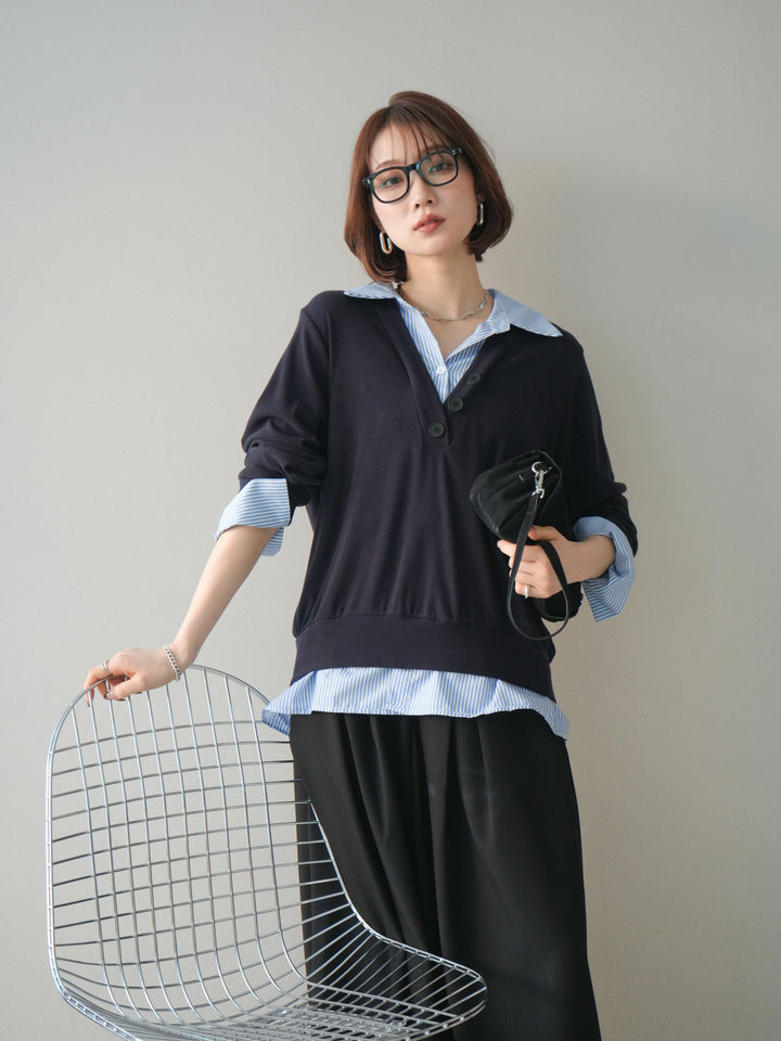[予約]シャツレイヤードデザインカットプルオーバー/navy
