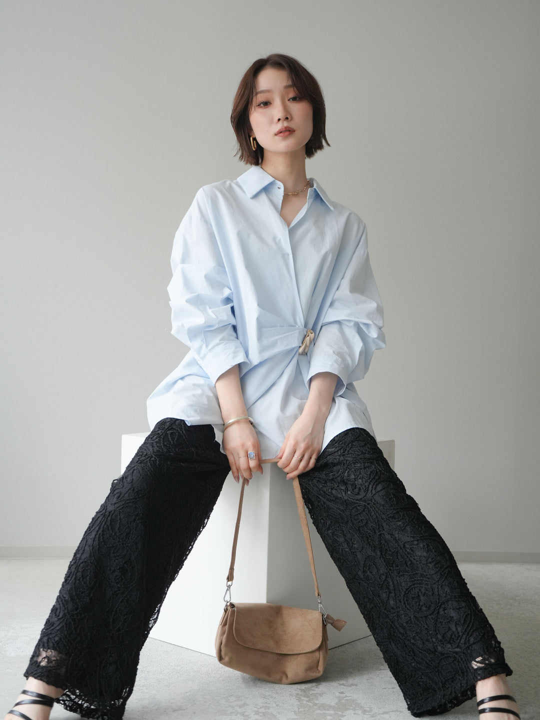 [SET]メタルパーツドレープシャツ+シアーコードレースイージーパンツ(2set)