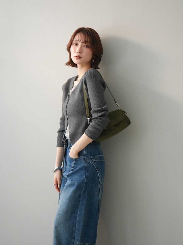 [SET]Vネック配色レイヤードスリットニットトップス+裏起毛加工デニムカーブパンツ(2set)