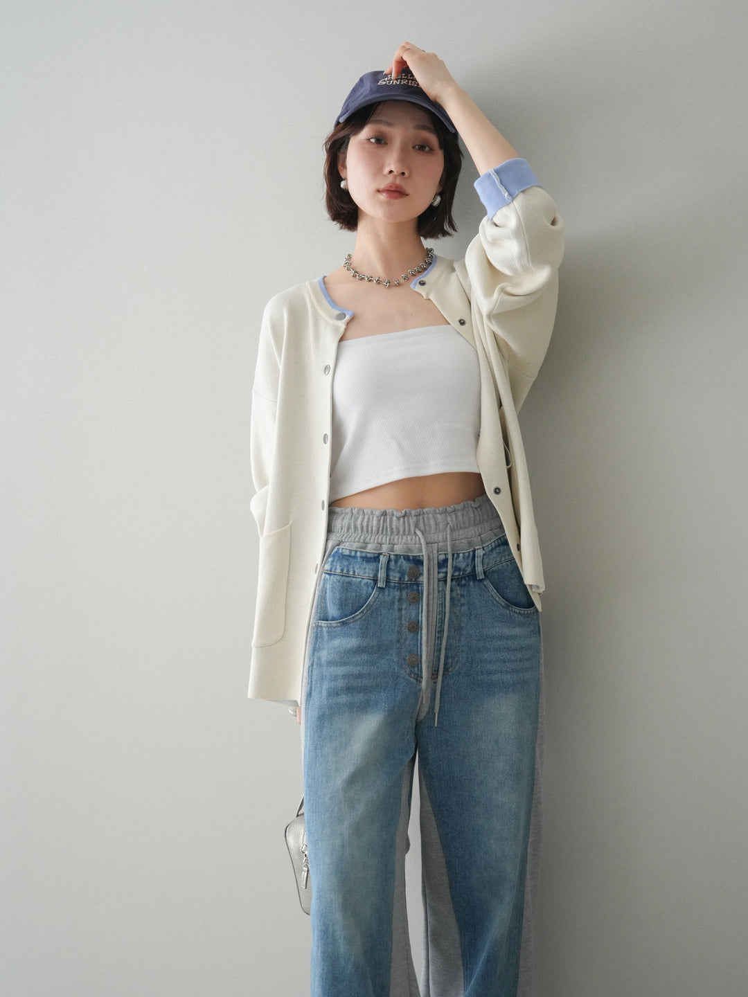 [SET]バイカラーオーバーニットカーディガン+デニム切替スウェットパンツ(2set)