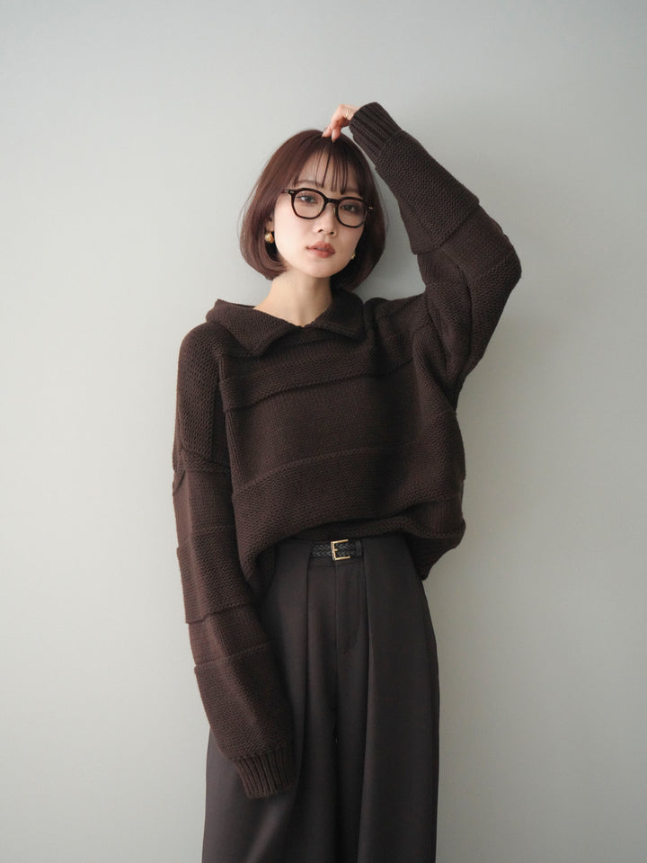 [予約]襟付きボーダー編みニットプルオーバー/brown