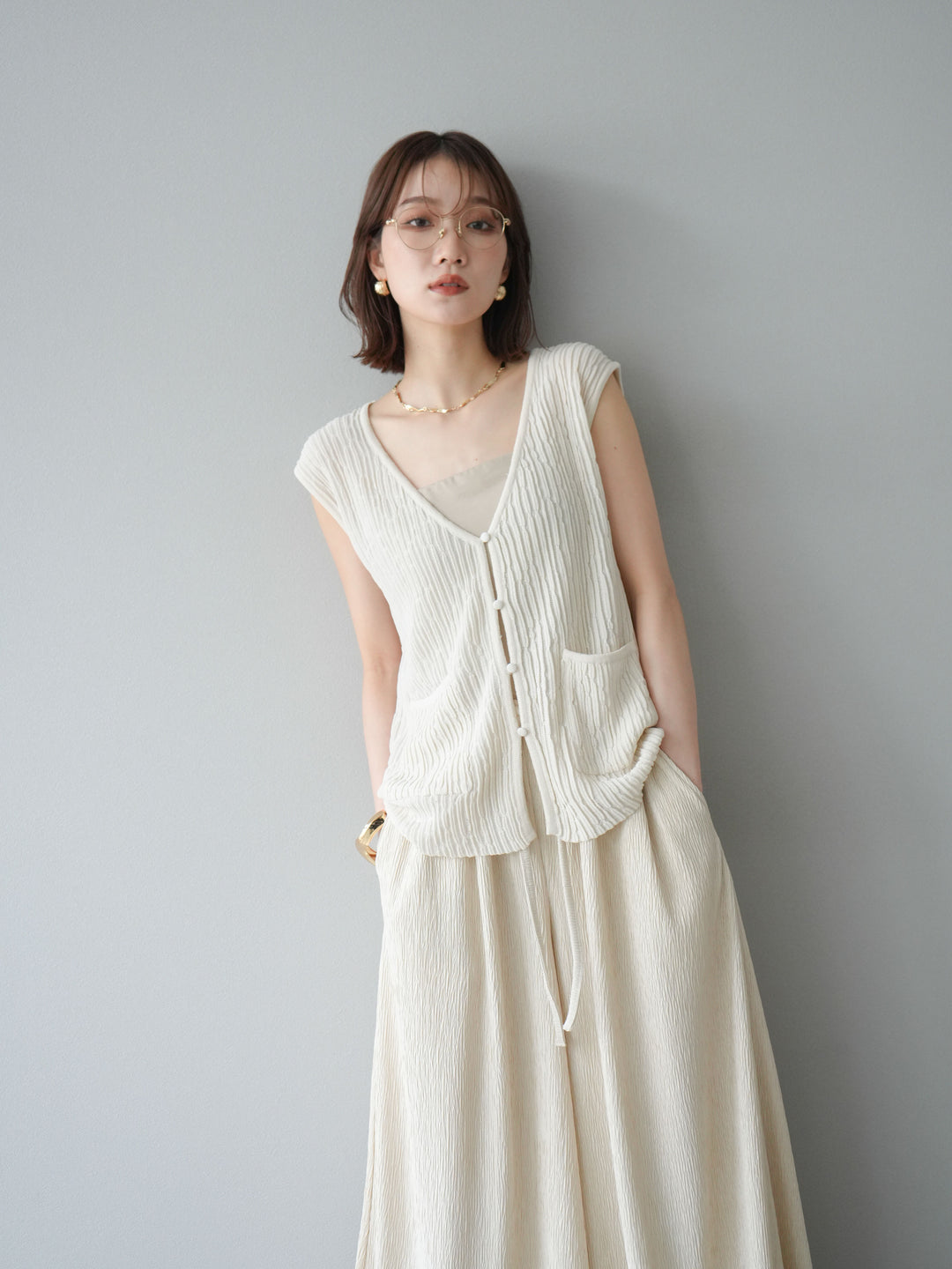 [SET] 波浪夏季針織背心+柳葉寬腿褲（2件套）