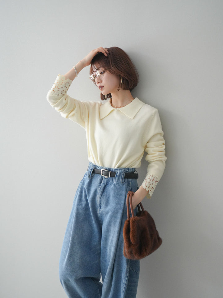 [SET]スカラップレース袖襟付きニットトップス+選べるアクセセット(2set)