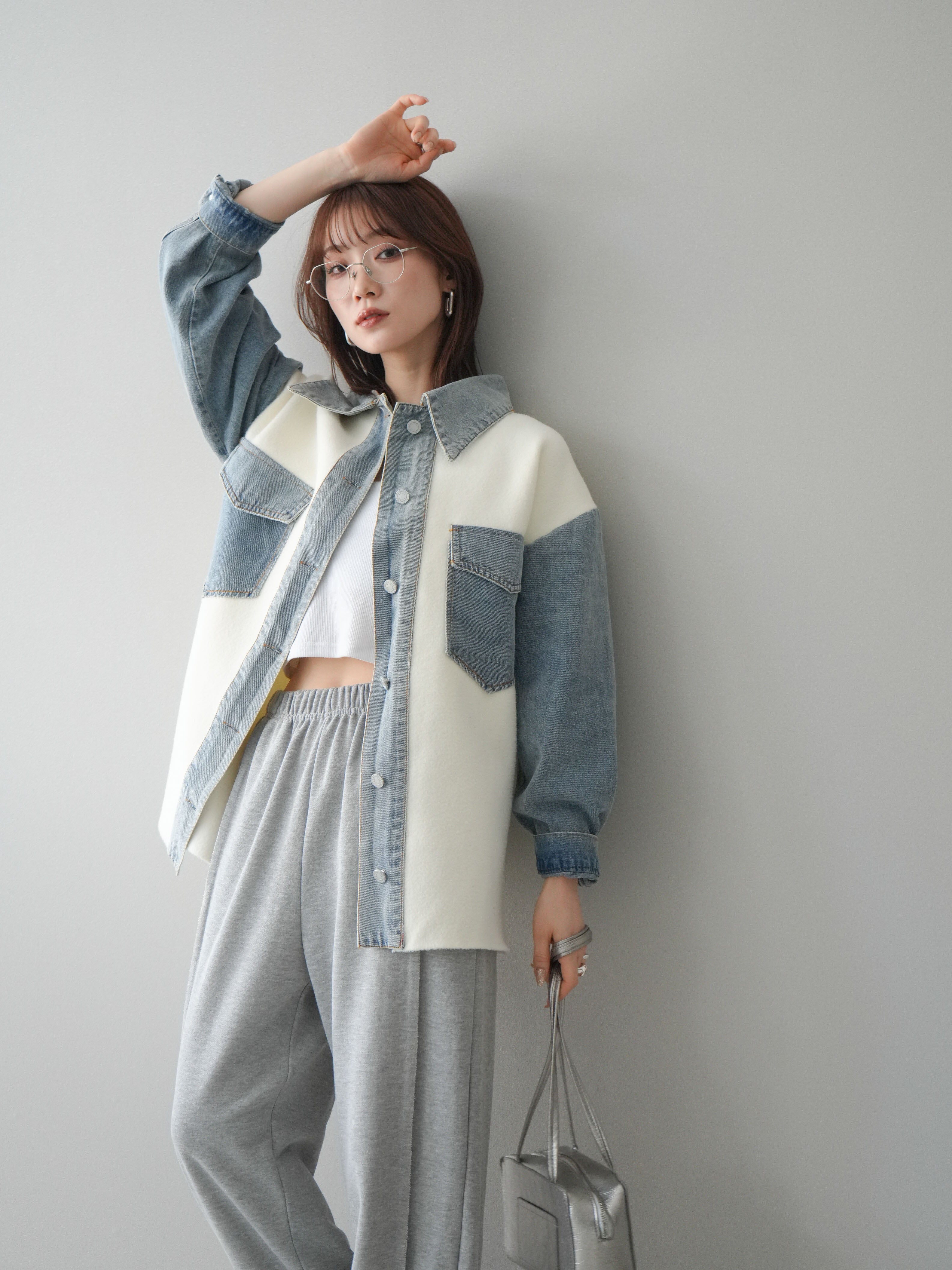 SET]デニム襟ダブルフェイスニットカーディガン+2WAYデザイン