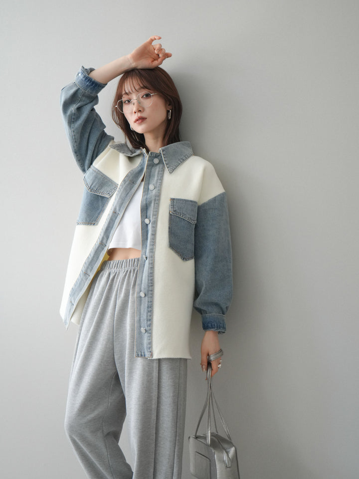 [SET]デニム襟ダブルフェイスニットカーディガン+2WAYデザインスウェットパンツ(2set)