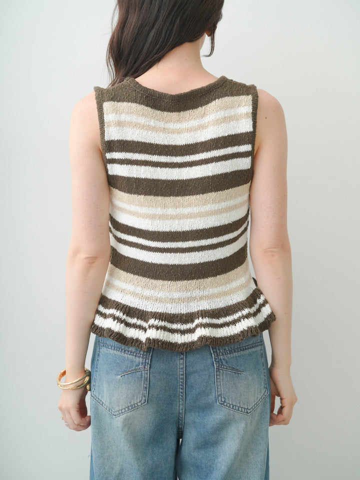 [予約]マルチボーダーフリルヘムノースリニットトップス/brown