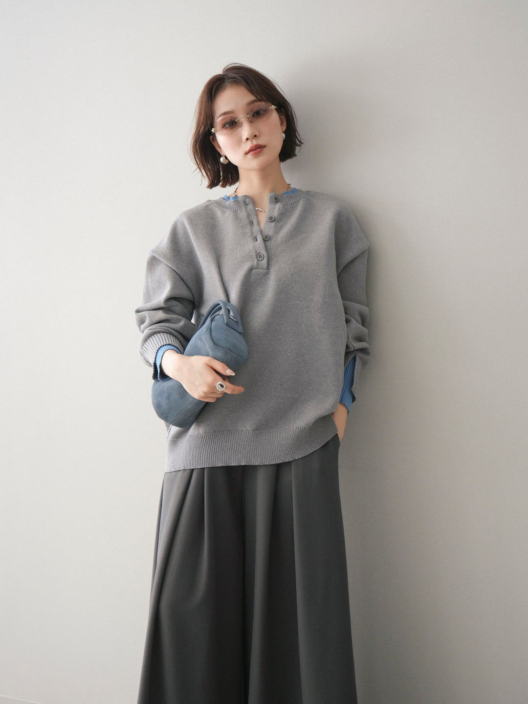 [予約]2WAYネック配色レイヤードニットプルオーバー/gray
