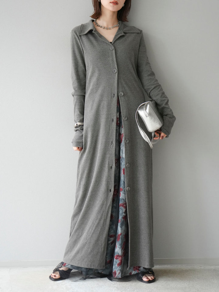 [SET]襟付きカットリブボタンワンピース+フラワープリントチュールレイヤードパンツ(2set)