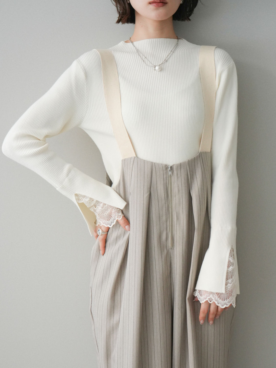 [SET]袖スカラップレースオフネックニットトップス+選べるアクセセット(2set)