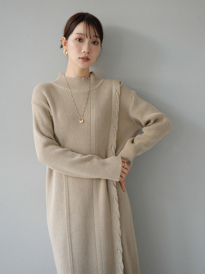 [SET] 不對稱繫帶高領針織連身裙 + 可選飾品套裝 (2套)