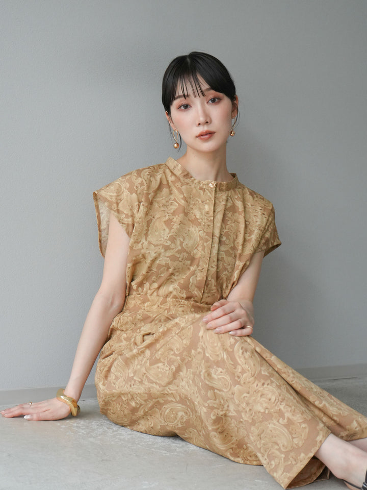 [SET]ペイズリープリントゴールドボタンブラウス+ペイズリープリントタックIラインスカート(2set)