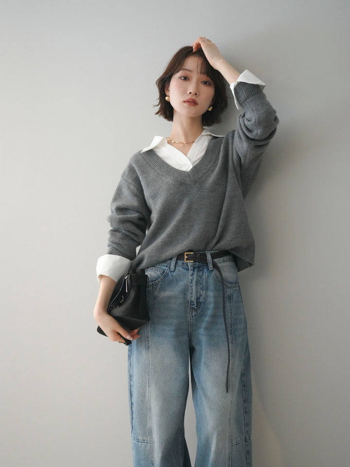[予約]シャツドッキングVネックニットトップス/gray