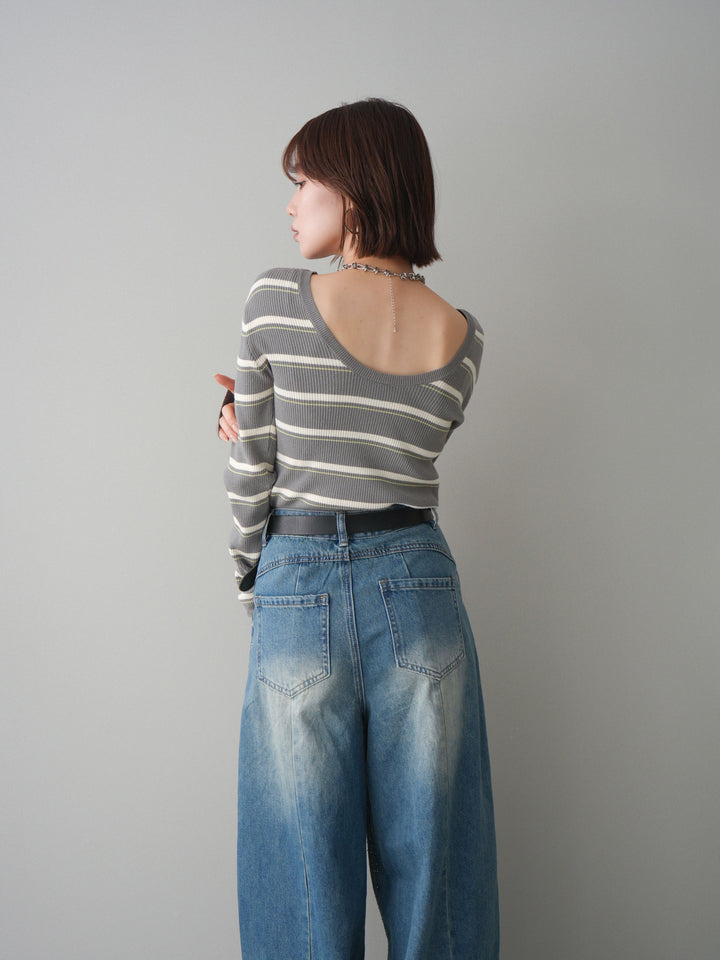 [予約]バックオープンテレコリブマルチボーダートップス/gray