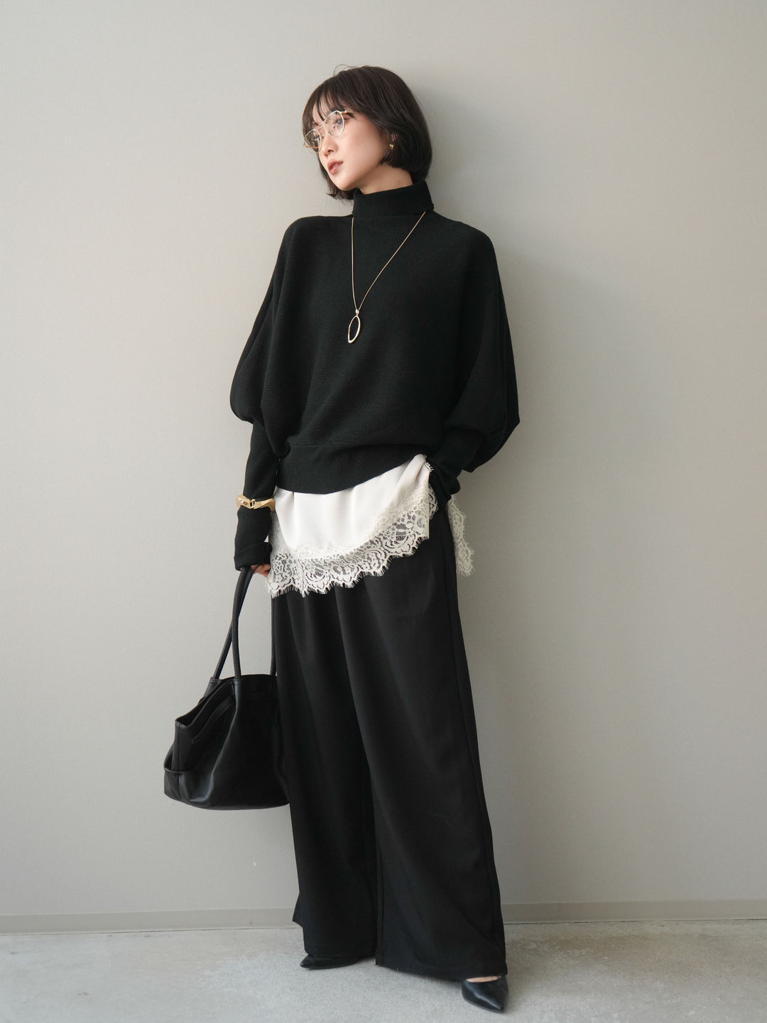 [予約]ウエストレースタックワイドパンツ/black